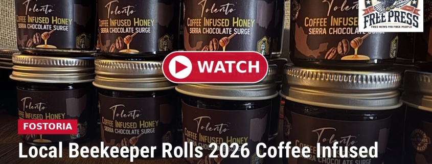 Fostoria News Local beekeeper's 2026 coffee-infused honey jars on display.